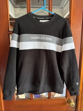 Calvin Klein Jeans Black Crewneck Sweater with White and Gray Stripes